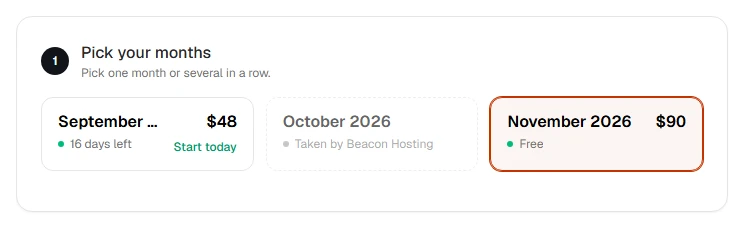 A booking page: open months with their prices, one picked.