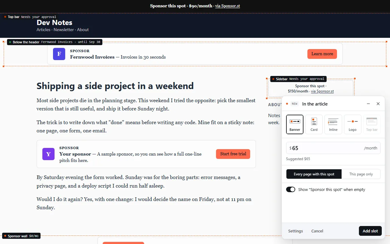 In the editor, choose a format and monthly price, then choose whether the placement belongs to this page or every page with the same spot.