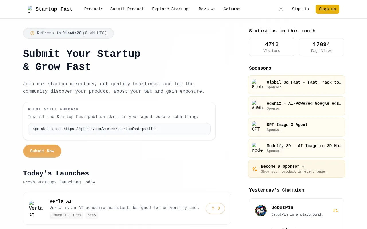 StartupFast homepage